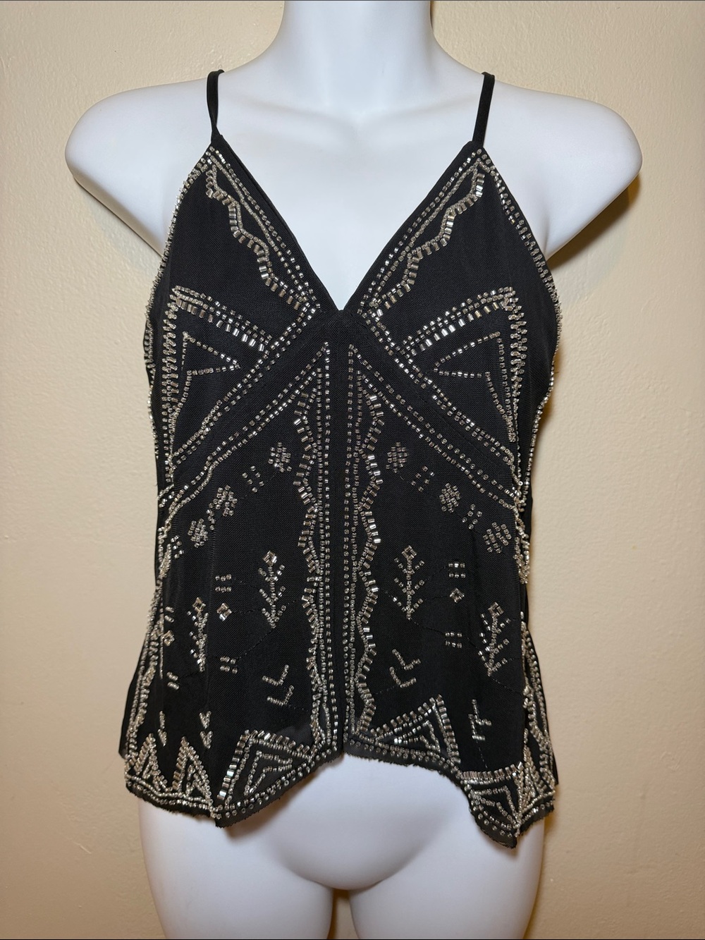 Black Beaded V-Neck Spaghetti Strap Top